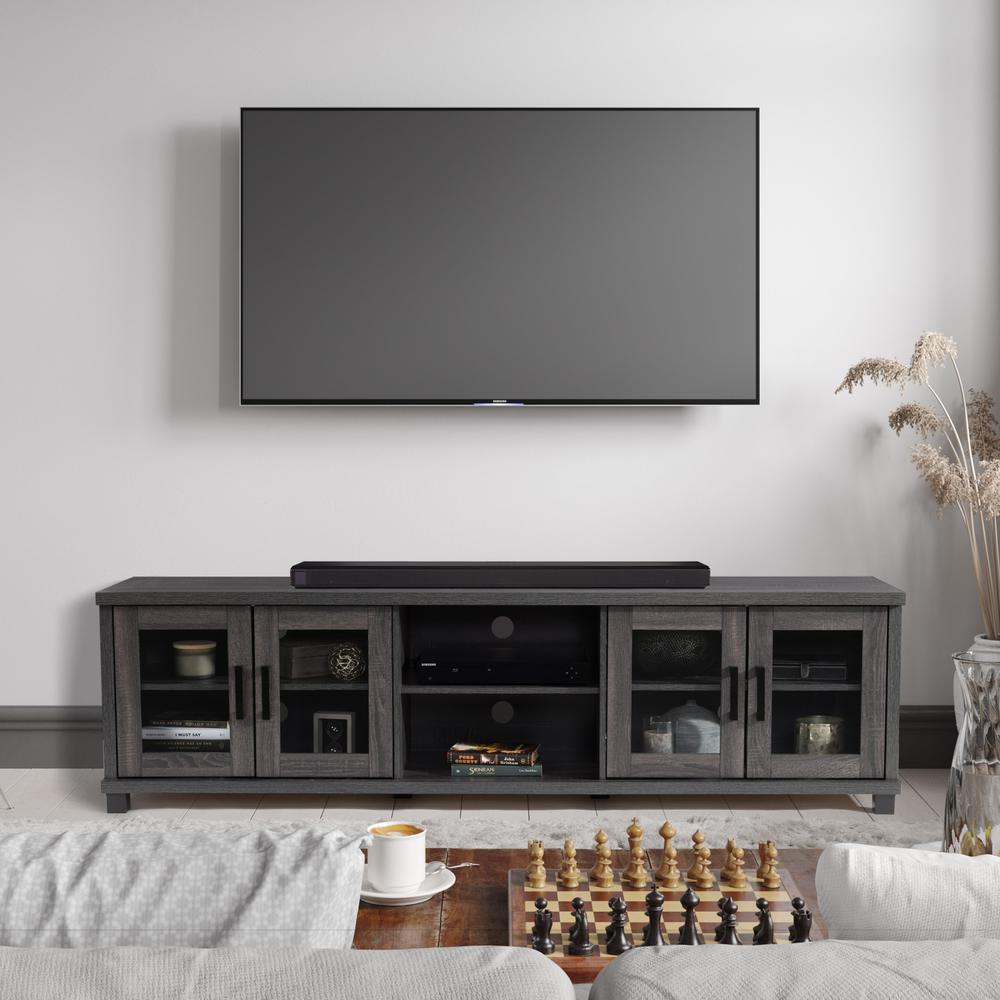 CorLiving Fremont Grey TV Bench with Glass Cabinets for TVs up to 95" Dark Grey. Picture 7
