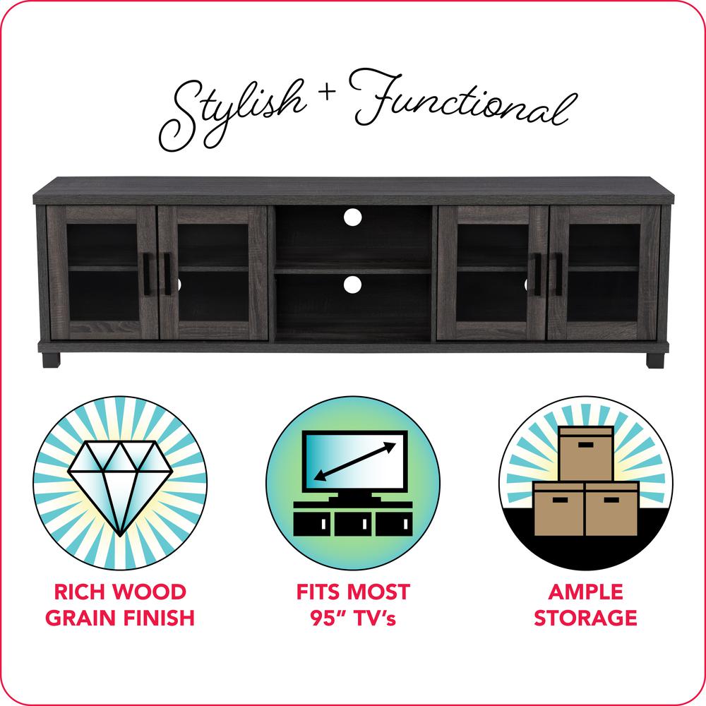 CorLiving Fremont Grey TV Bench with Glass Cabinets for TVs up to 95" Dark Grey. Picture 8