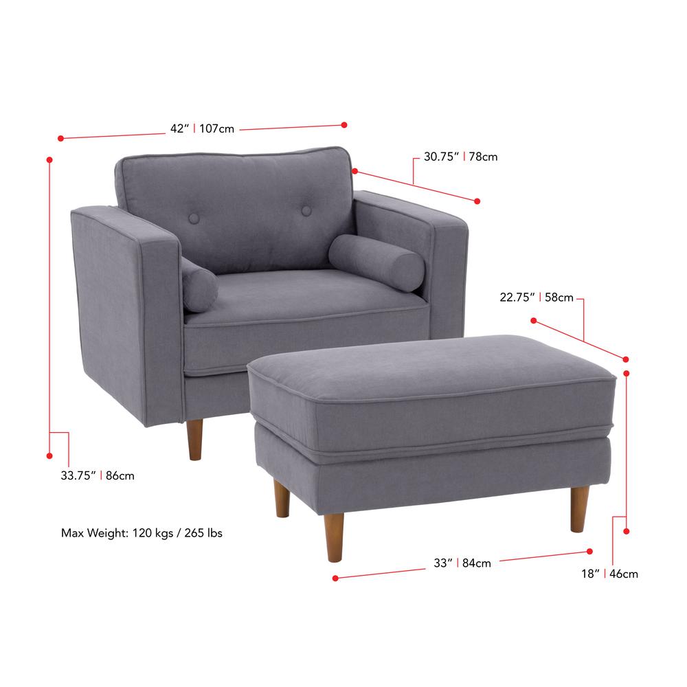 CorLiving Mulberry Fabric Upholstered Modern Accent Chair and Ottoman Set, Grey - 2pcs. Picture 3