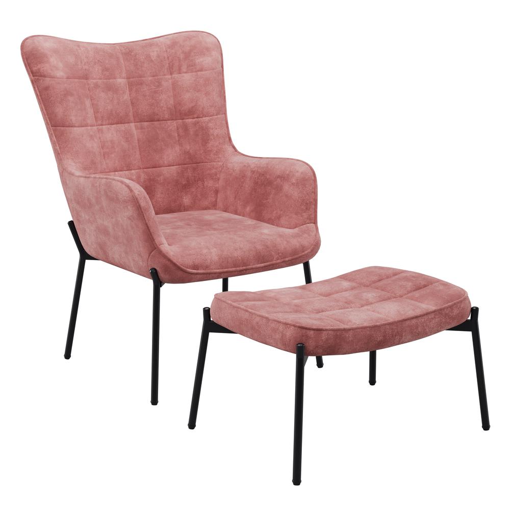 CorLiving Velvet Accent Chair with Stool, Pink Salmon. Picture 2