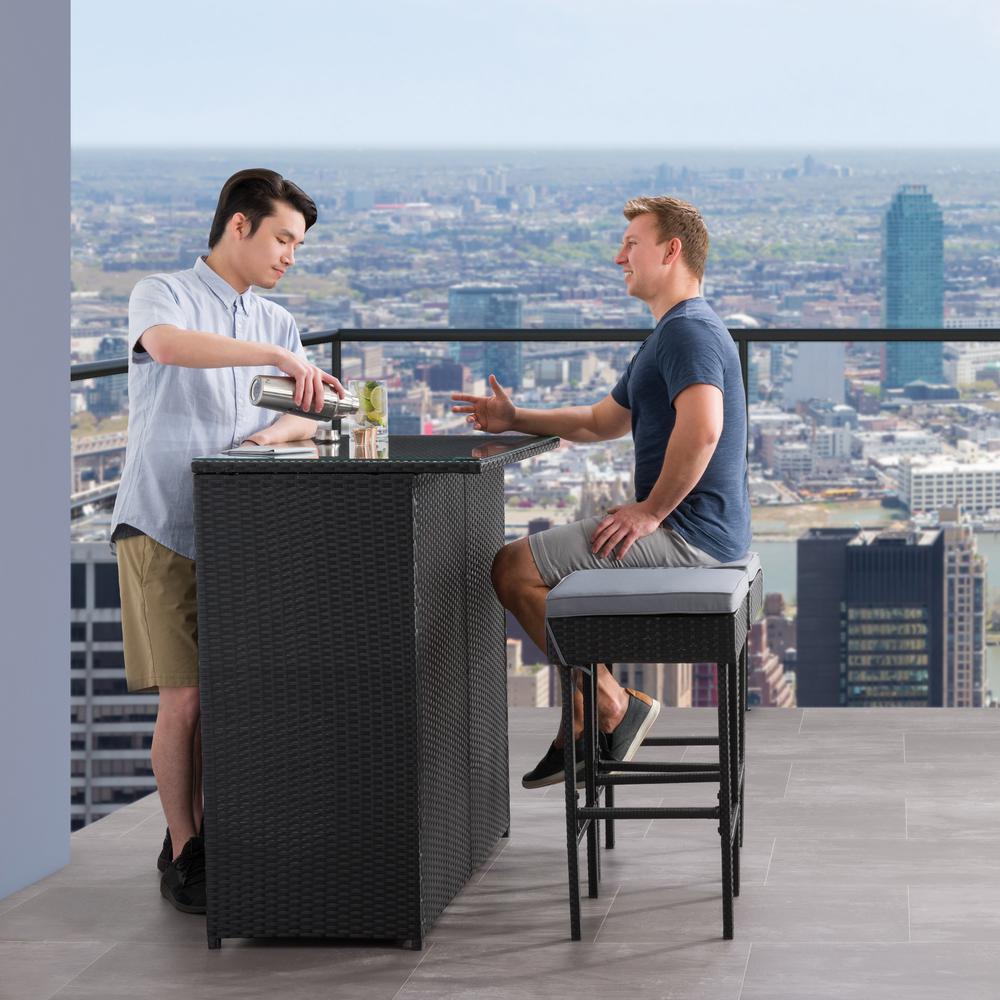 CorLiving Parksville Patio Bar Set - Black Finish/Ash Grey Cushions 3pc. Picture 5