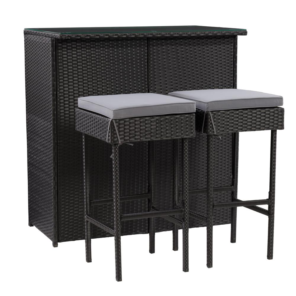 CorLiving Parksville Patio Bar Set - Black Finish/Ash Grey Cushions 3pc. Picture 1