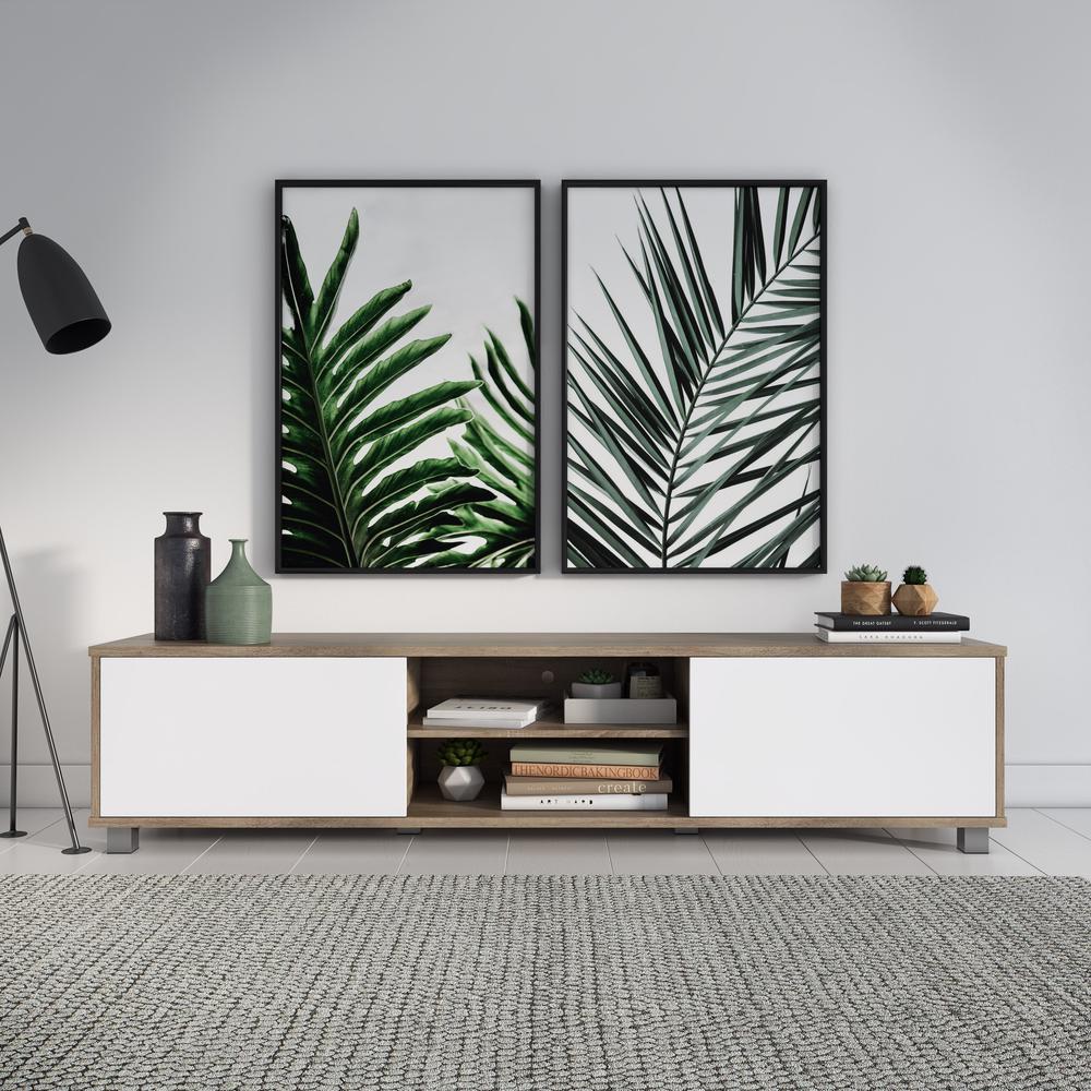 CorLiving Hollywood White and Brown Wood Grain TV Stand with Doors for TVs up to 85". Picture 3