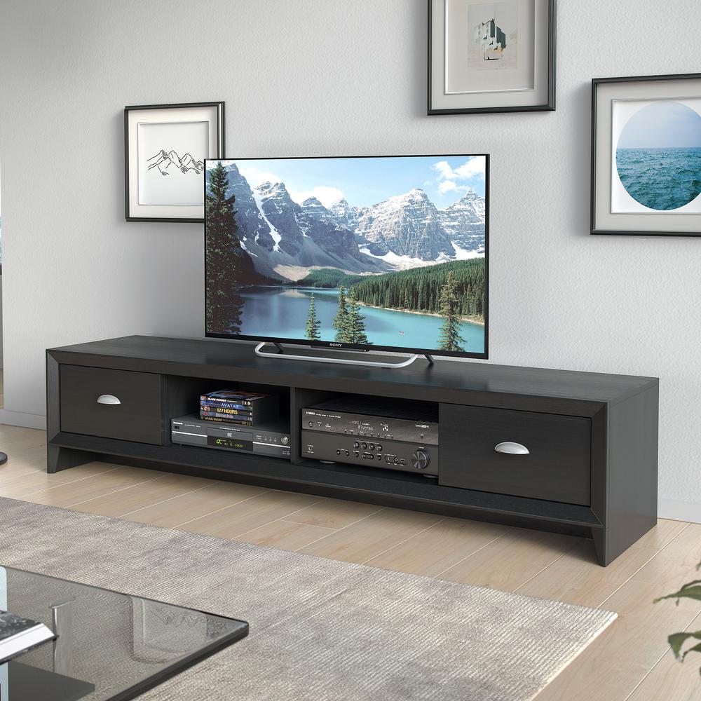 Lakewood Extra Wide TV Bench in Black Wood Grain Finish, For TVs up to 80". Picture 2