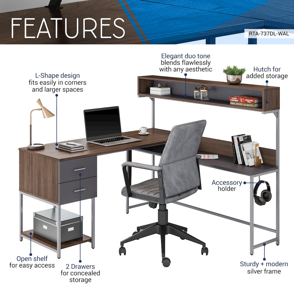 Techni Mobili L-Shape Desk with Hutch and Storage, Walnut. Picture 12