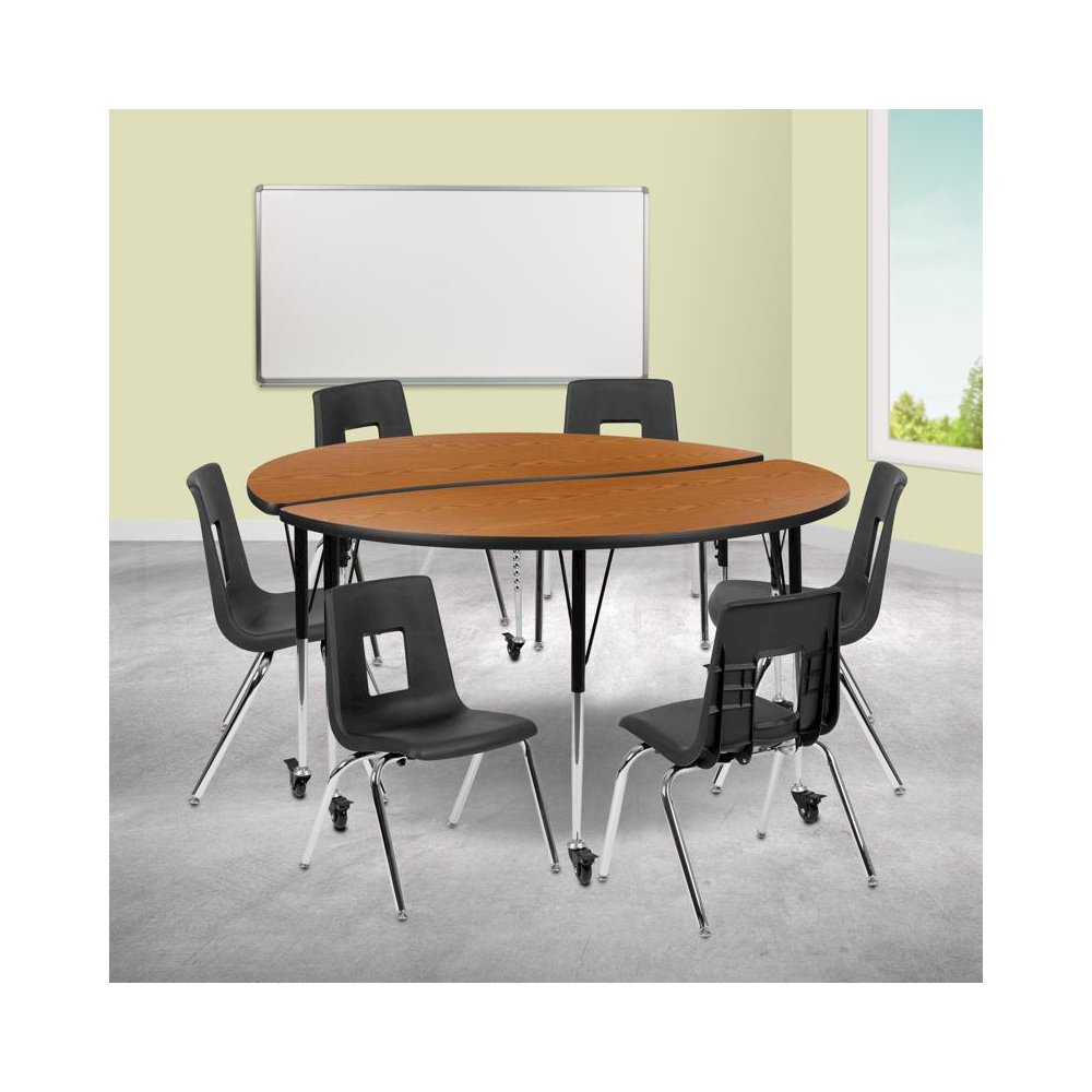 60" Circle Wave Flexible Laminate Activity Table Set with 16" Student Stack Chairs, Oak/Black. Picture 2
