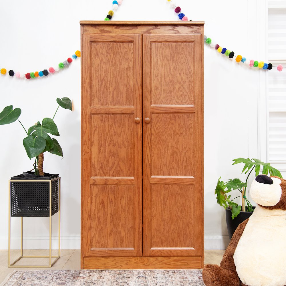 Armoire Wardrobe Closet with Doors, 2 Shelves, Oak Finish. Picture 7