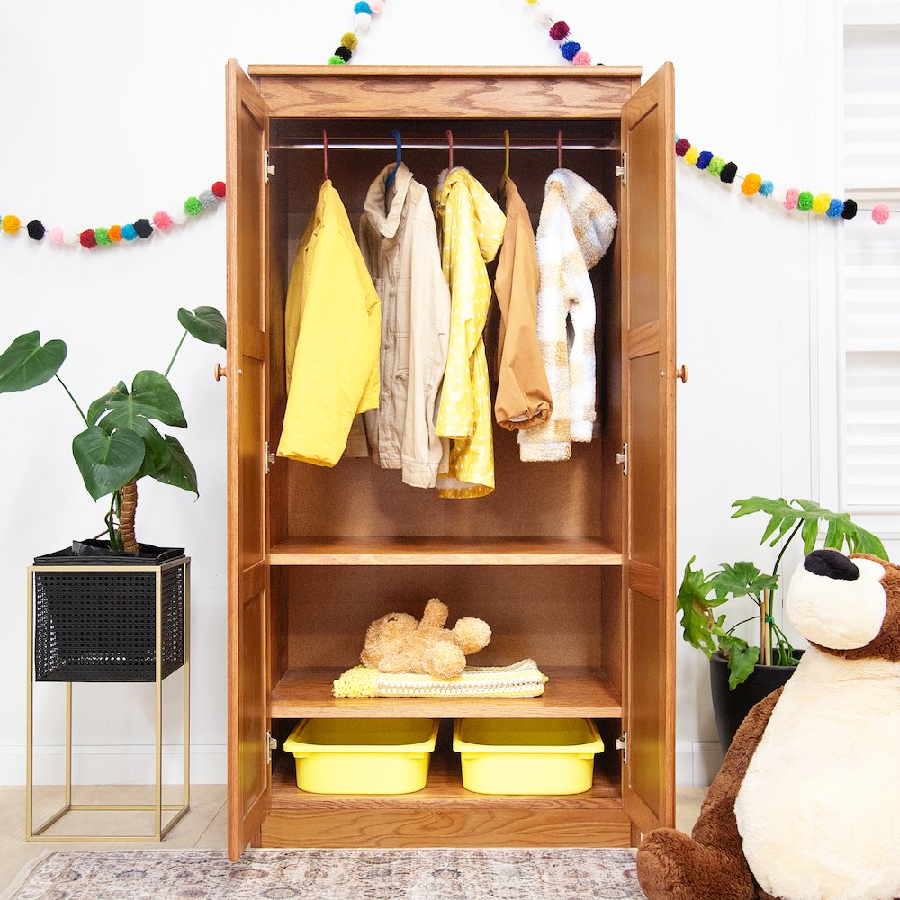 Armoire Wardrobe Closet with Doors, 2 Shelves, Oak Finish. Picture 8