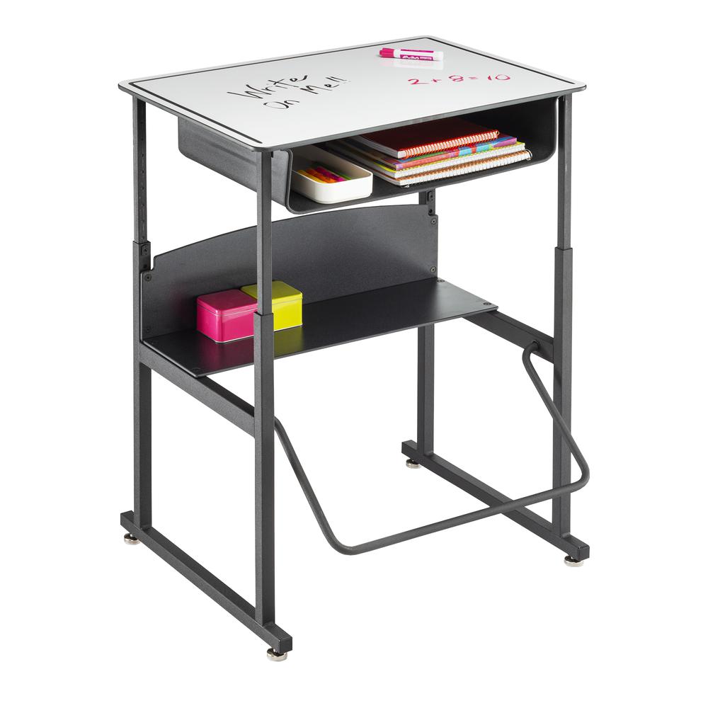 AlphaBetter® Adjustable-Height Stand-Up Desk, 28 x 20" Premium or Dry Erase Top, Book Box and Swinging Footrest Bar. Picture 2