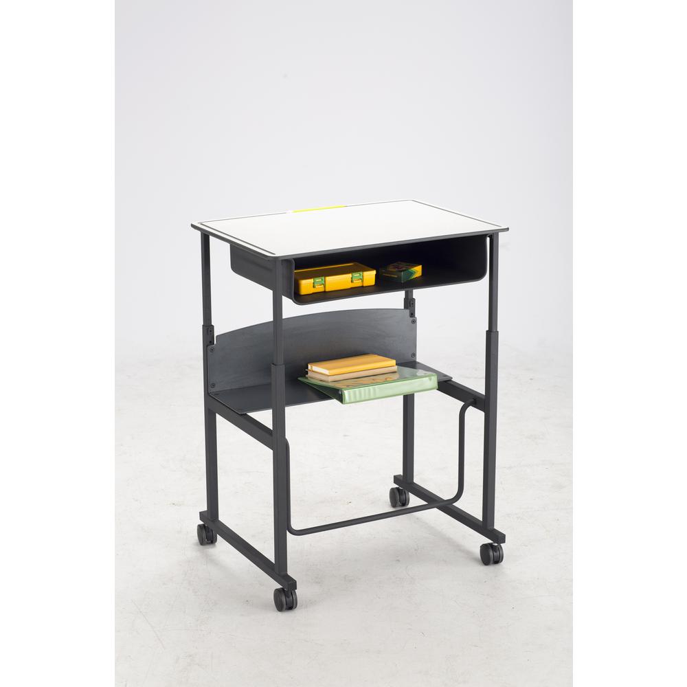 AlphaBetter® Adjustable-Height Stand-Up Desk, 28 x 20" Premium or Dry Erase Top, Book Box and Swinging Footrest Bar. Picture 3