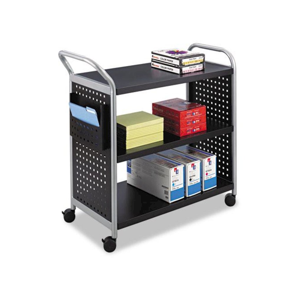 Scoot Three Shelf Utility Cart, Metal, 3 Shelves, 1 Bin, 300 lb Capacity, 31" x 18" x 38", Black/Silver. Picture 2