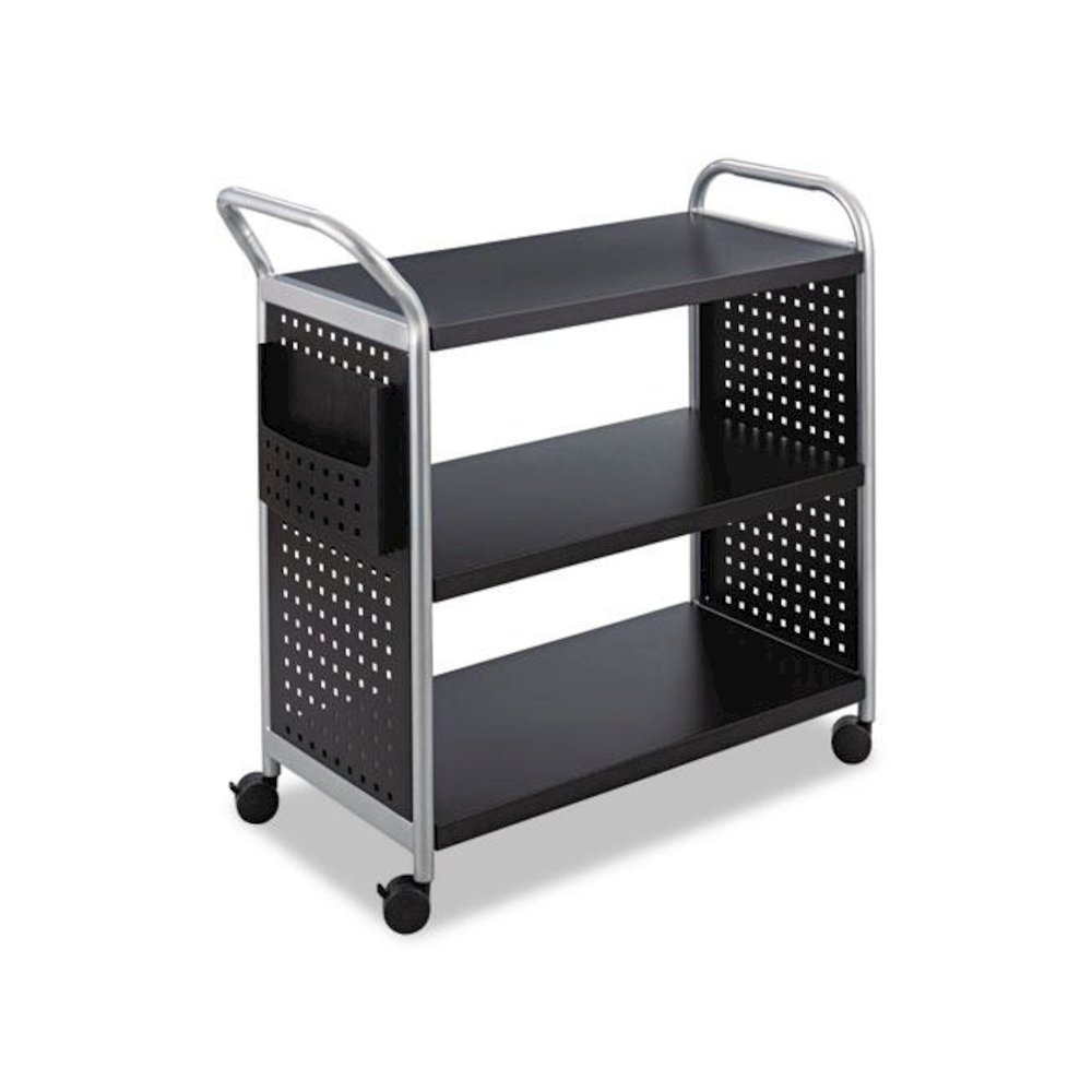 Scoot Three Shelf Utility Cart, Metal, 3 Shelves, 1 Bin, 300 lb Capacity, 31" x 18" x 38", Black/Silver. Picture 1