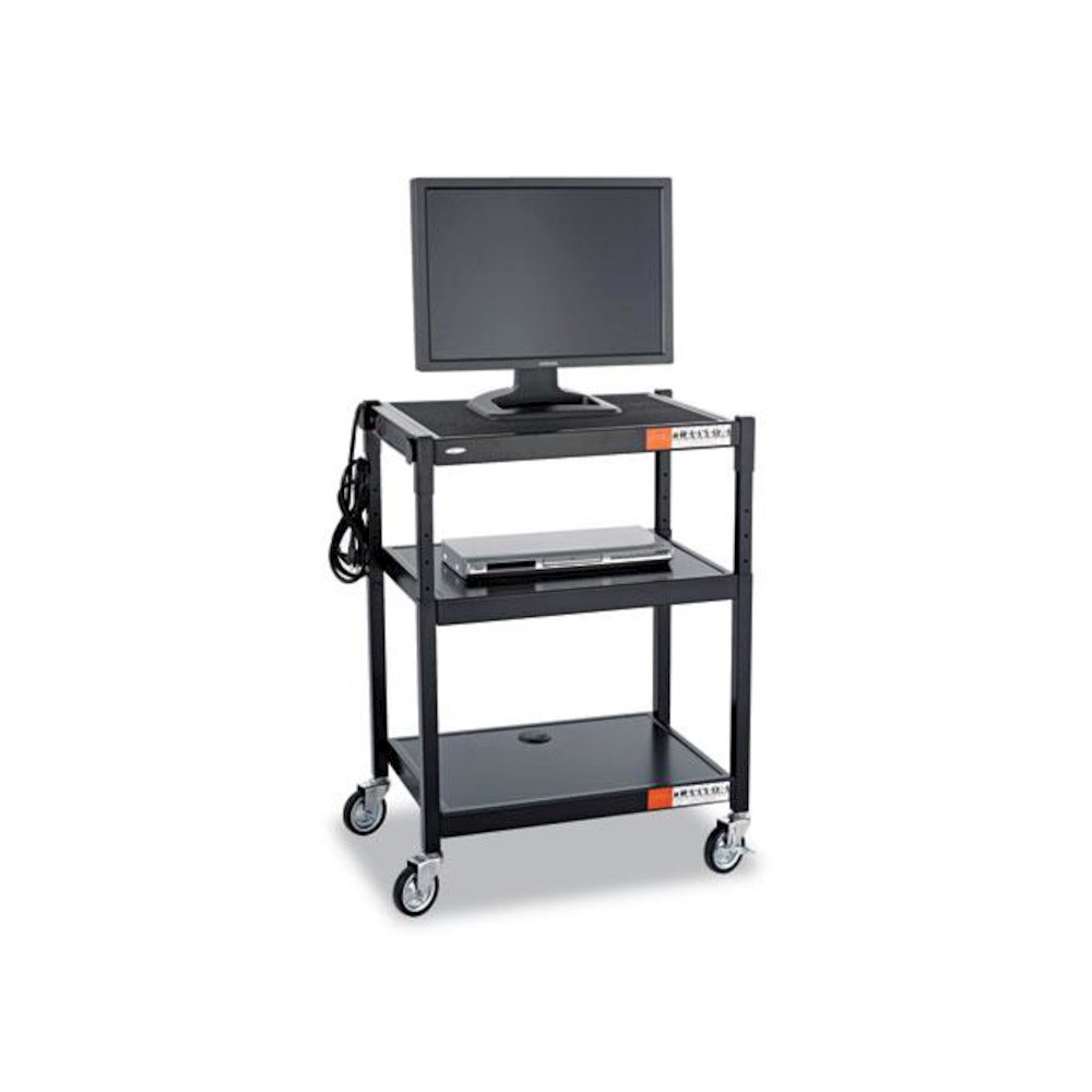 Adjustable-Height Steel AV Cart, Metal, 3 Shelves, (5) AC Outlets, 120 lb Capacity, 27.25" x 18.25" x 36.5", Black. Picture 2