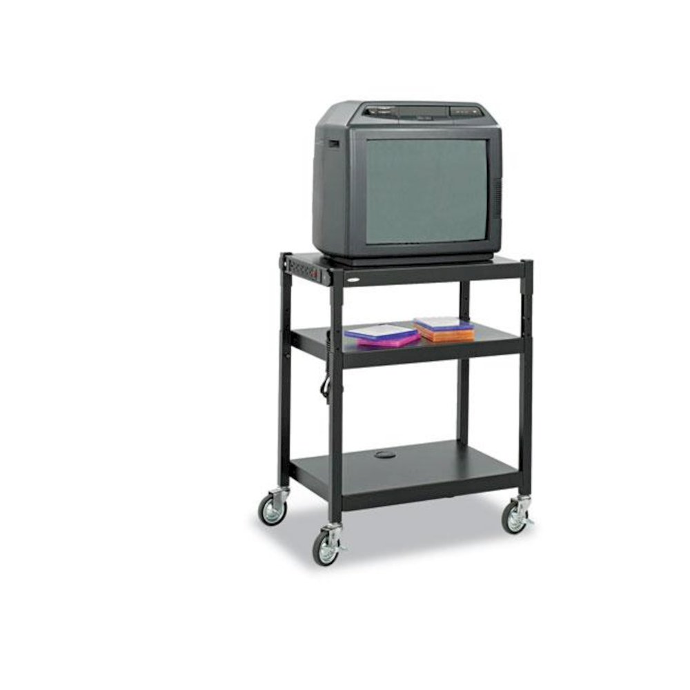Adjustable-Height Steel AV Cart, Metal, 3 Shelves, (5) AC Outlets, 120 lb Capacity, 27.25" x 18.25" x 36.5", Black. Picture 1