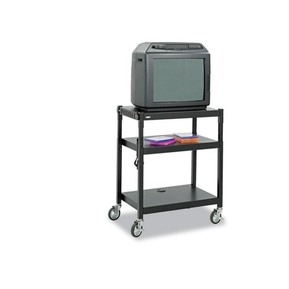 Adjustable-Height Steel AV Cart, Metal, 3 Shelves, (5) AC Outlets, 120 lb Capacity, 27.25" x 18.25" x 36.5", Black. Picture 3