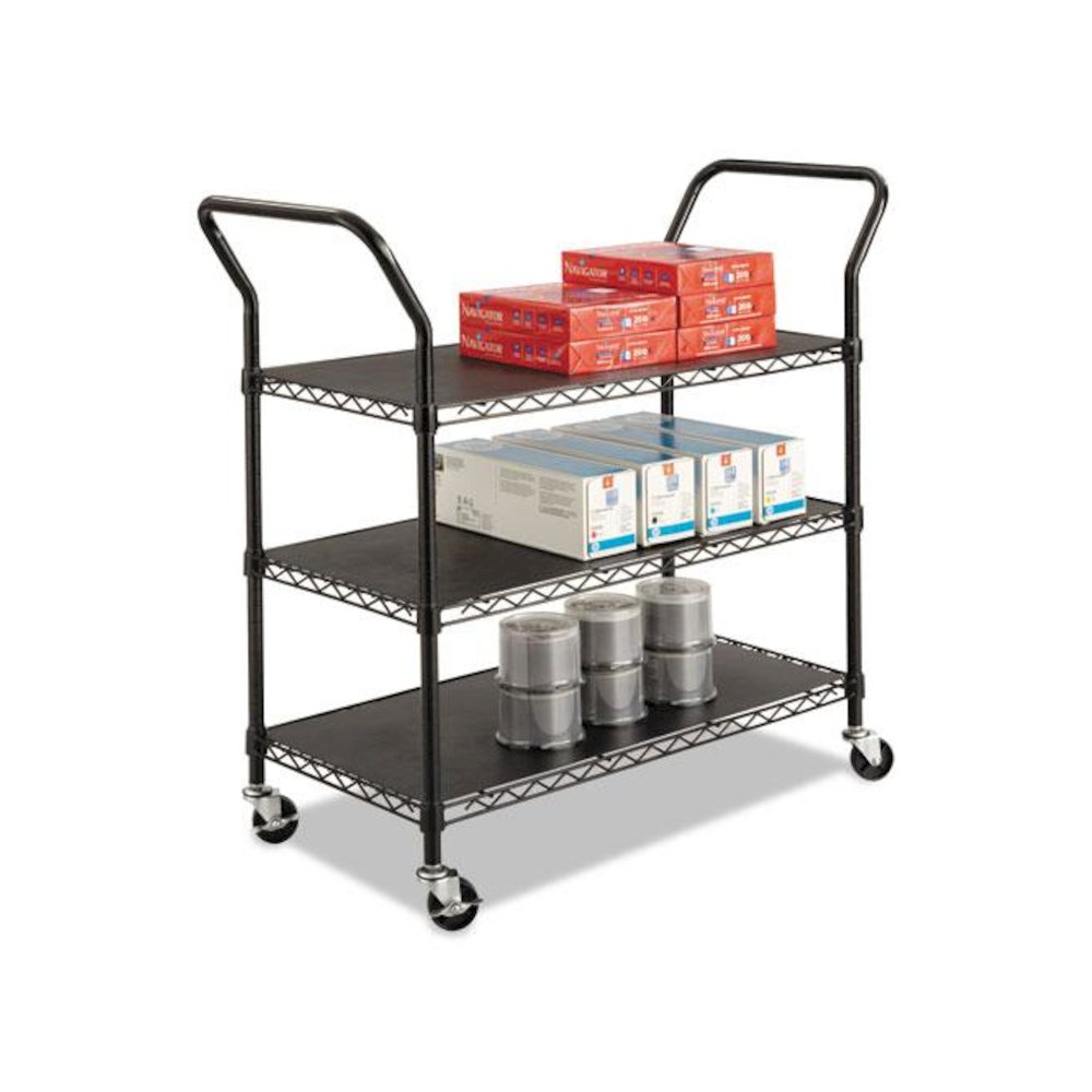 Wire Utility Cart, Metal, 3 Shelves, 600 lb Capacity, 43.75" x 19.25" x 40.5", Black. Picture 2