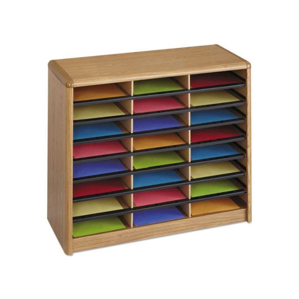 Steel/Fiberboard Literature Sorter, 24 Compartments, 32.25 x 13.5 x 25.75, Oak. Picture 4