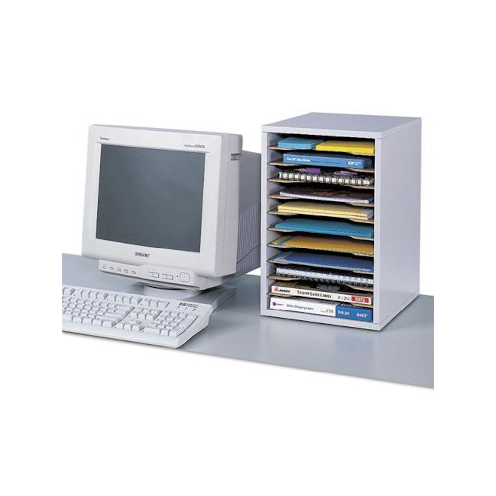 Wood Vertical Desktop Sorter, 11 Compartments, 10.63 x 11.88 x 16, Medium Oak. Picture 4