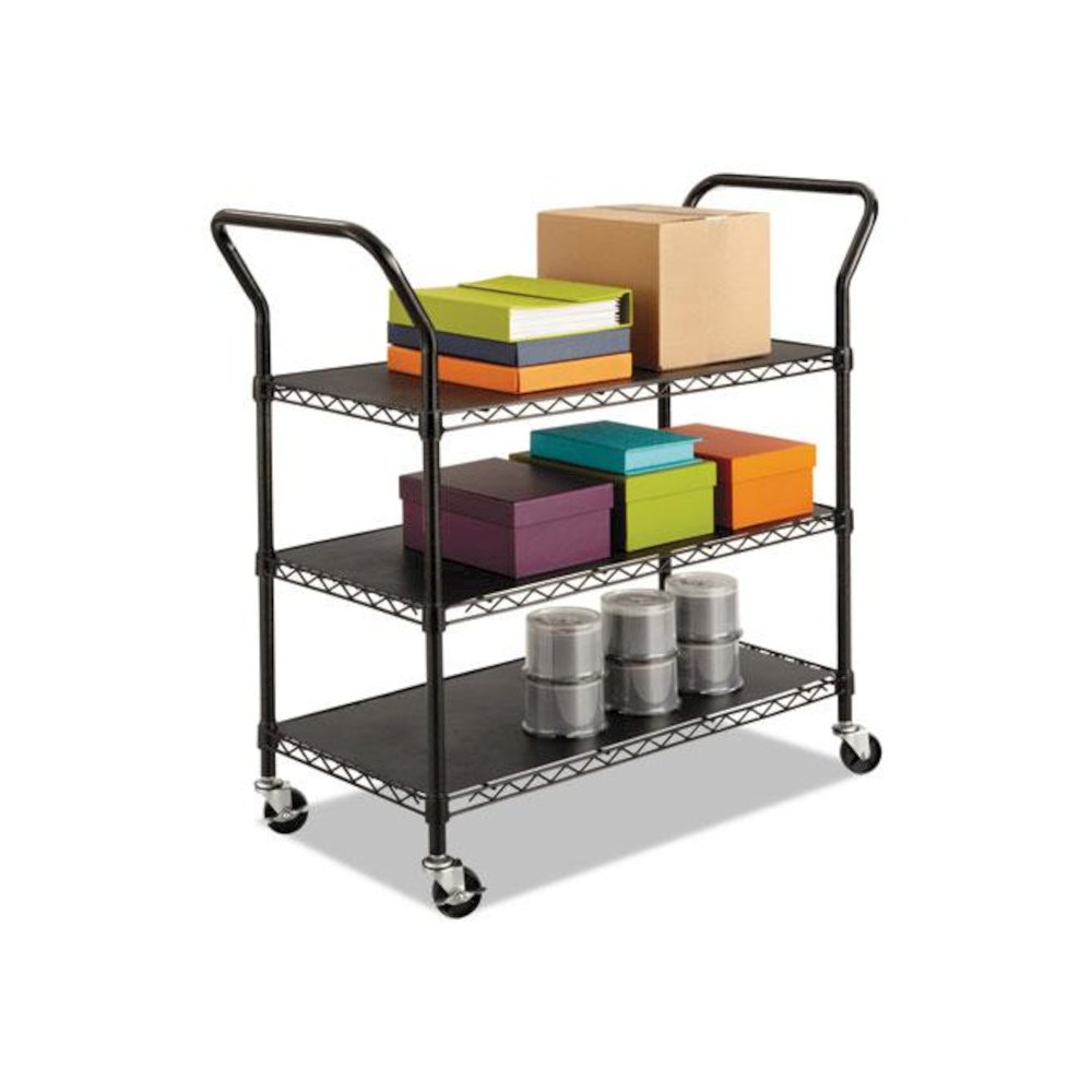Wire Utility Cart, Metal, 3 Shelves, 600 lb Capacity, 43.75" x 19.25" x 40.5", Black. Picture 3