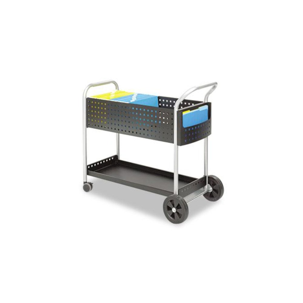 Scoot Dual-Purpose Mail and Filing Cart, Metal, 1 Shelf, 2 Bins, 22.5" x 39.5" x 40.75", Black/Silver. Picture 1