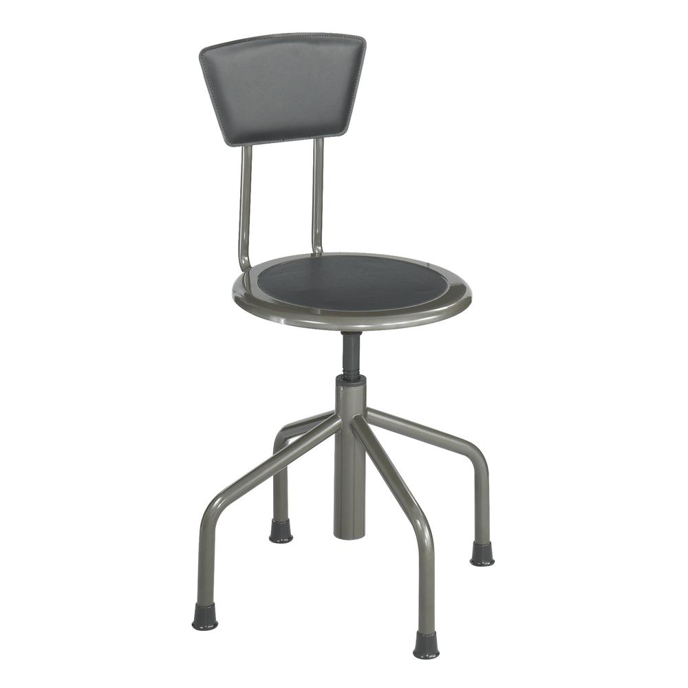 Diesel Industrial Stool w/Back, Low Base, Black Leather Seat/Back Pad. Picture 1