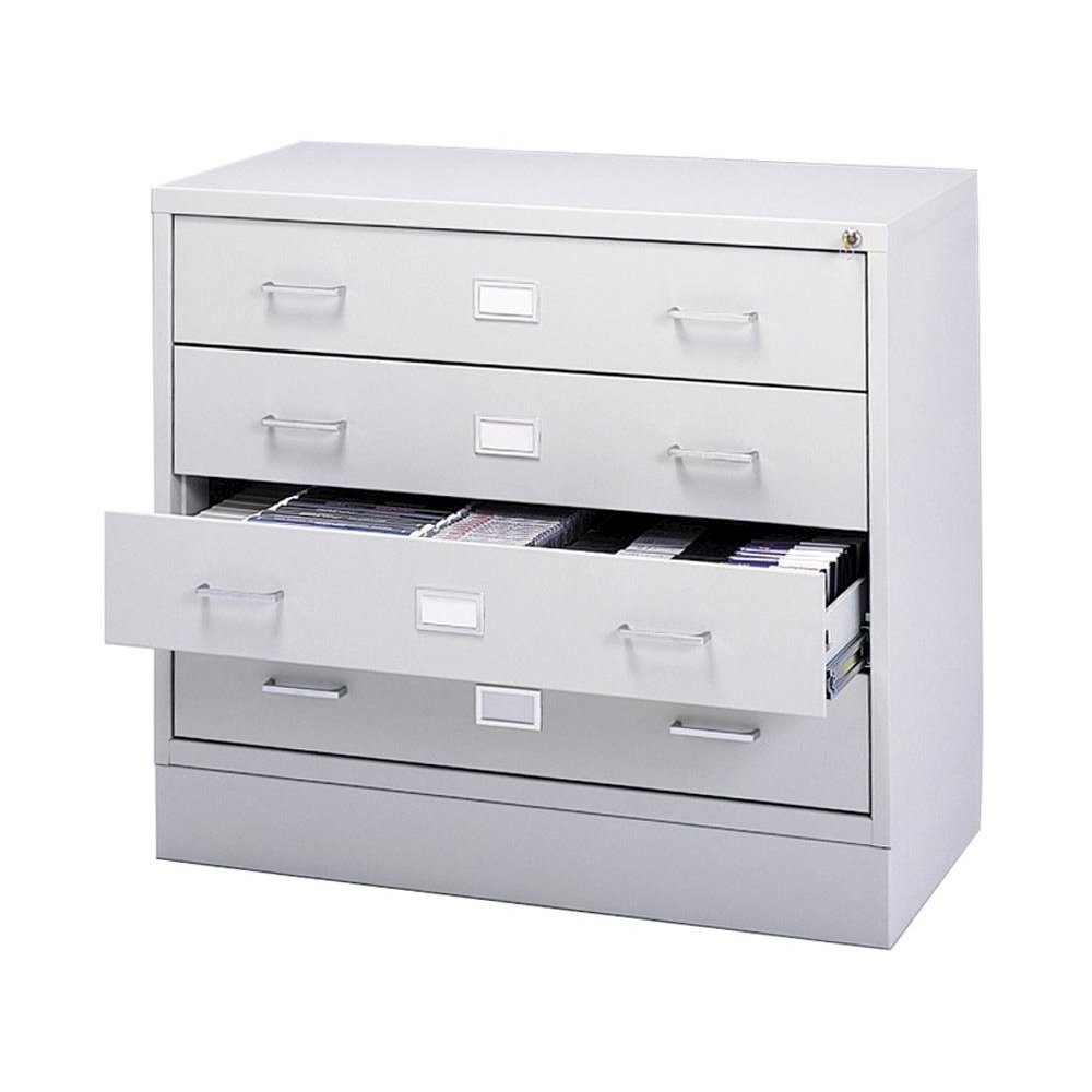 A/V Equipment Cabinet - 200 lb Load Capacity - 27.8" Height x 37" Width x 17.5" Depth - Freestanding - Baked Enamel - Steel - Light Gray, Chrome. Picture 1