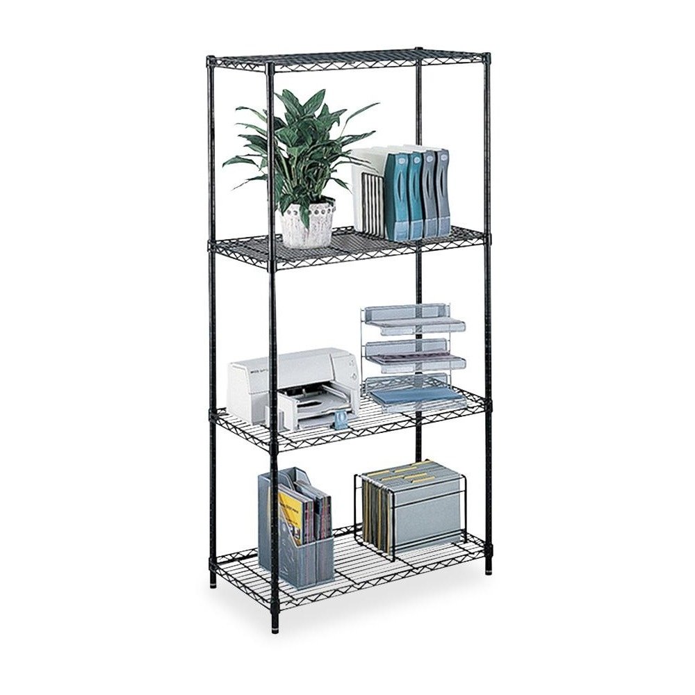 Safco Commercial Wire Shelving - 48" x 18" x 72" - 4 x Shelf(ves) - 500 lb Load Capacity - Leveling Glide - Black - Powder Coated - Steel - Assembly Required. Picture 1