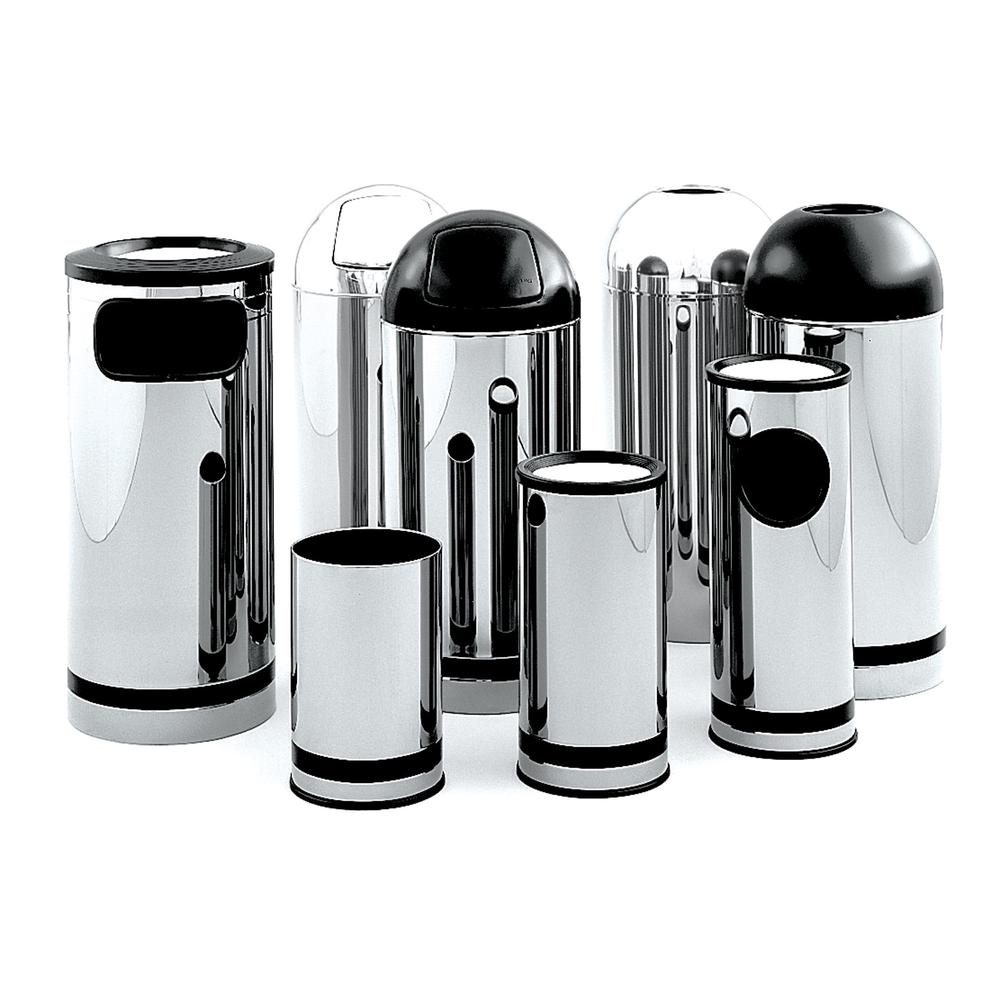 SAFCO PRODUCTS Reflections Open-Top Dome Receptacle, Round, Steel, 15 gal, Chrome/Black. Picture 1