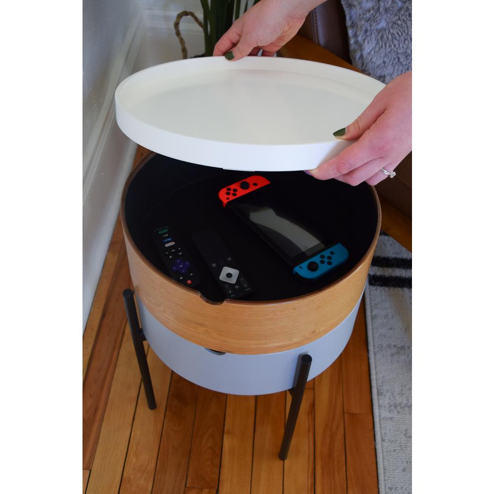 Tray Top End Table With 2-Storage Bin & Black Steel Legs. Picture 12