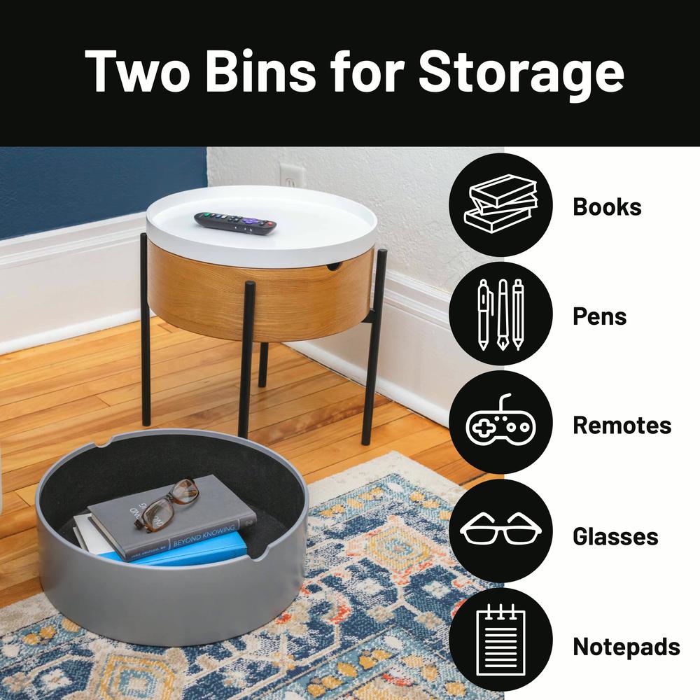 Tray Top End Table With 2-Storage Bin & Black Steel Legs. Picture 3