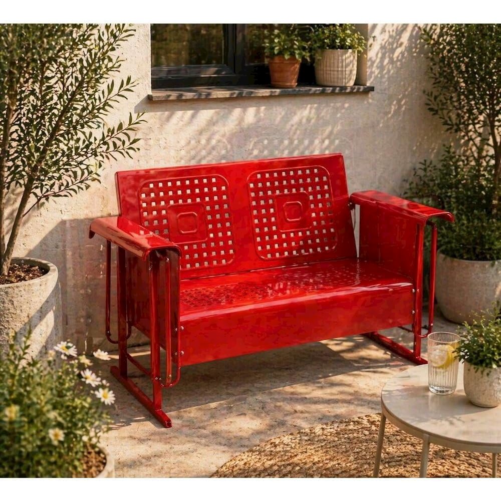 Red outdoor loveseat glider with anti-tip mechanism and comfortable seating. Picture 2
