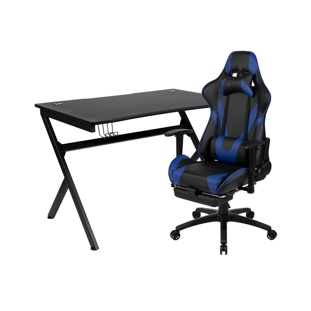 Black Gaming Desk and Blue Footrest Reclining Gaming Chair Set with Cup Holder, Headphone Hook & 2 Wire Management Holes. Picture 1