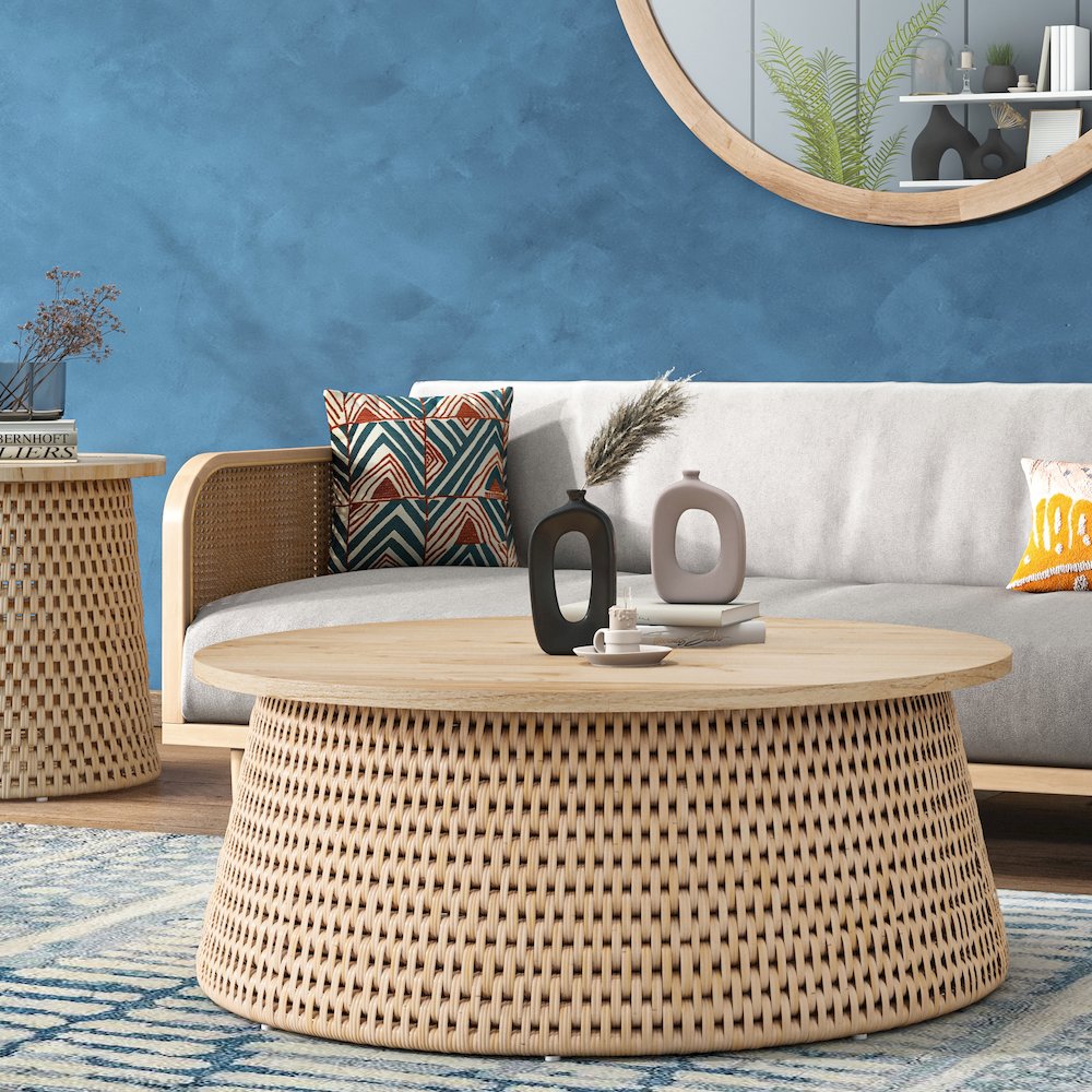 Kamari Rattan Coffee Table w/ Wood Top. Picture 5