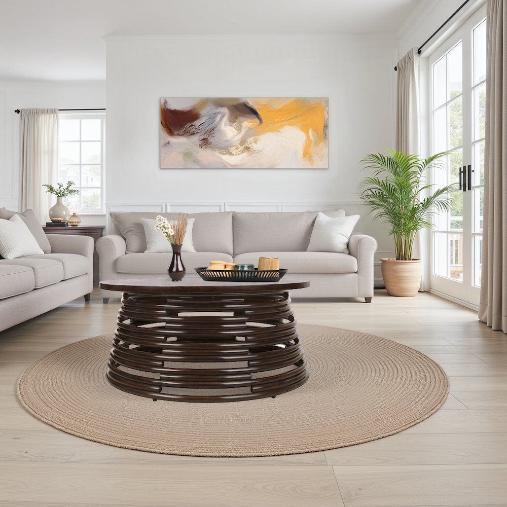 Zeke Rattan Coffee Table with Wood Top. Picture 4