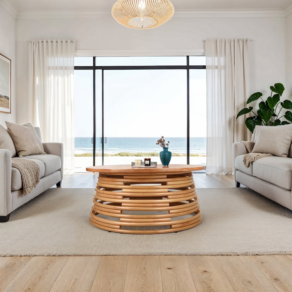 Zeke Rattan Coffee Table with Wood Top. Picture 4
