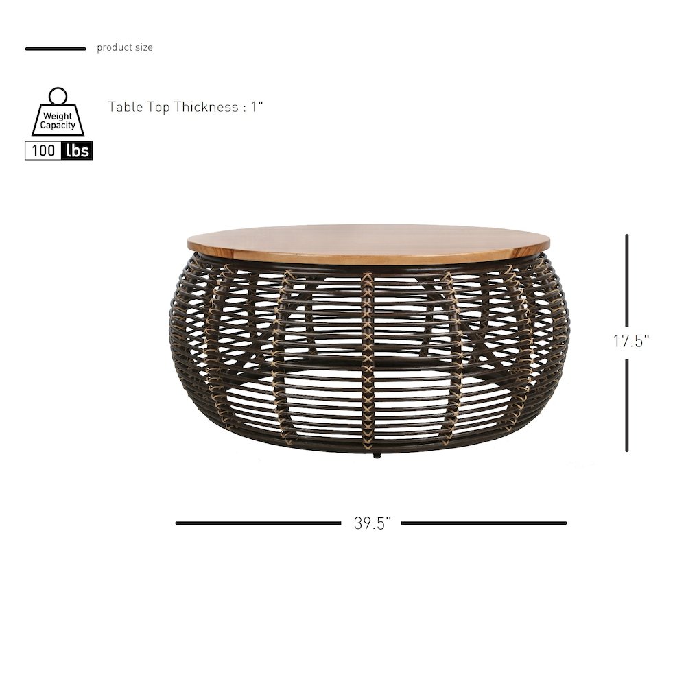 Iris Rattan Coffee Table with Wood Top. Picture 5