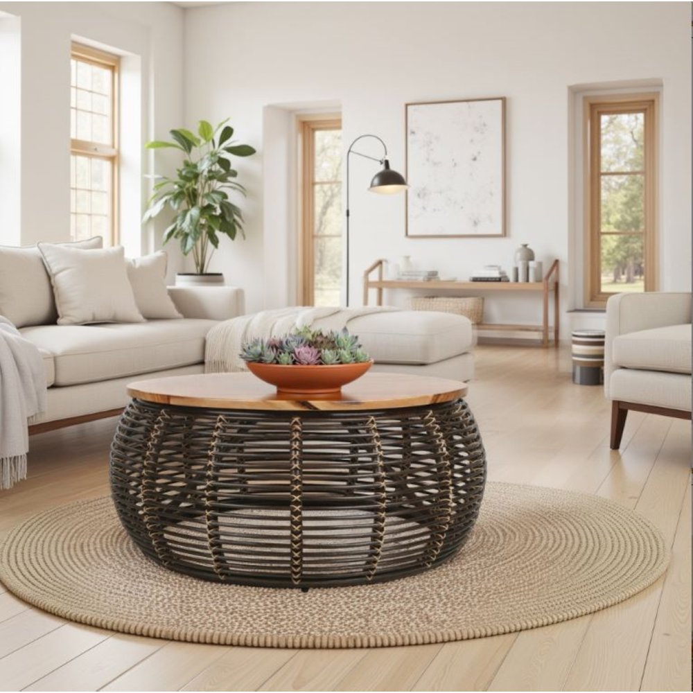 Iris Rattan Coffee Table with Wood Top. Picture 4