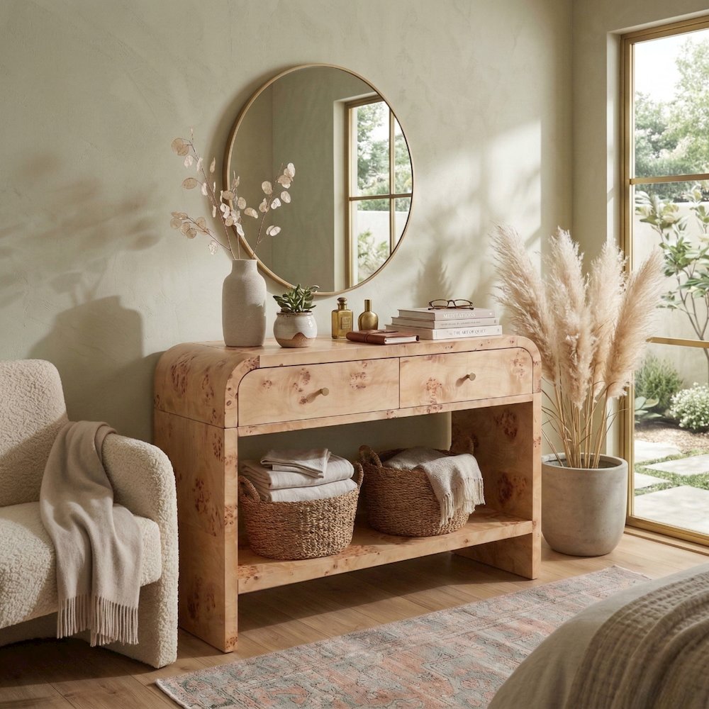 Veyra Burl 2-Drawer Console Table - Natural Burl. Picture 2