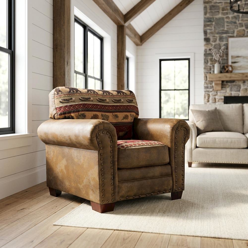 Cotton Microfiber Accent Armchair with Rustic Wooden Log Frame for Living Room. Picture 2