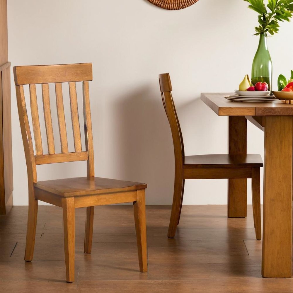 Elegant Brown Solid Wood Dining Chairs Set of 2 with Slatback Design. Picture 4