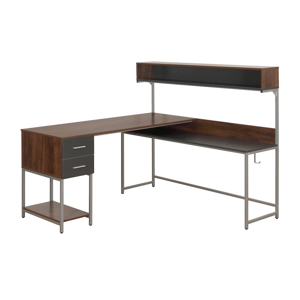 Techni Mobili L-Shape Desk with Hutch and Storage, Walnut. Picture 1