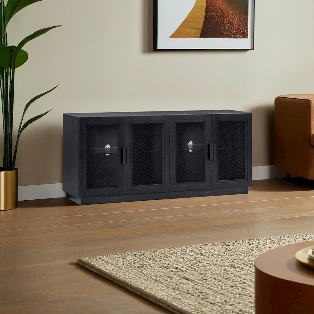 Sleek Black Wood Media Console with Adjustable Shelves for Modern Living. Picture 4