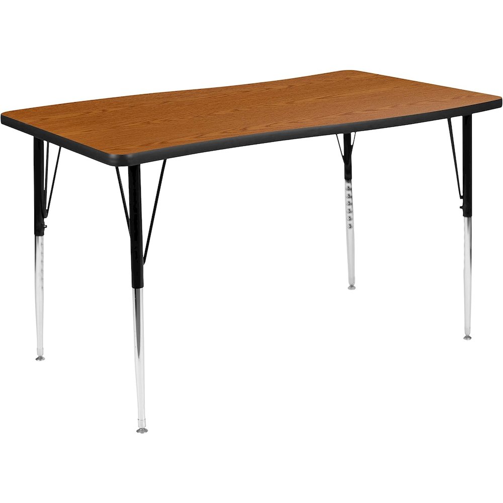 28"W x 47.5"L Rectangular Wave Flexible Collaborative Oak Thermal Laminate Activity Table - Standard Height Adjustable Legs. Picture 1