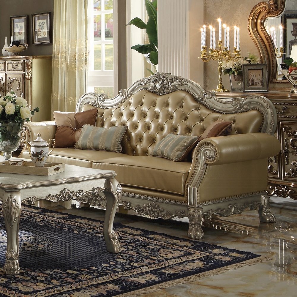 Dresden Sofa w/4 Pillows, Bone PU & Gold Patina (53160). Picture 5