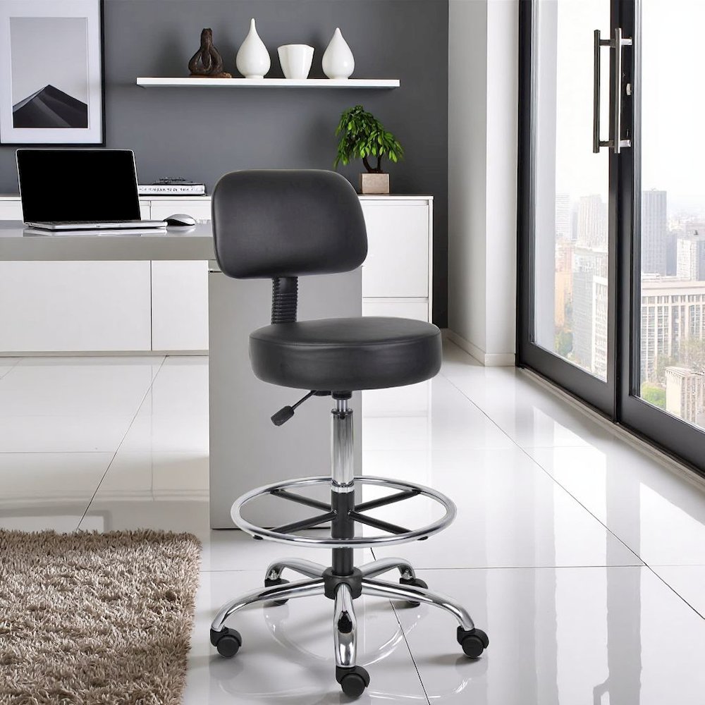 Black Drafting Chair Office Stool With Back, Tall Work Stool On Wheels. Picture 2