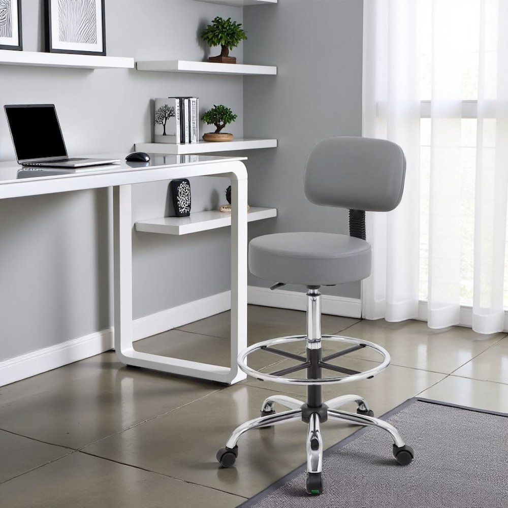 Gray Drafting Chair Office Stool With Back, Tall Work Stool On Wheels. Picture 3