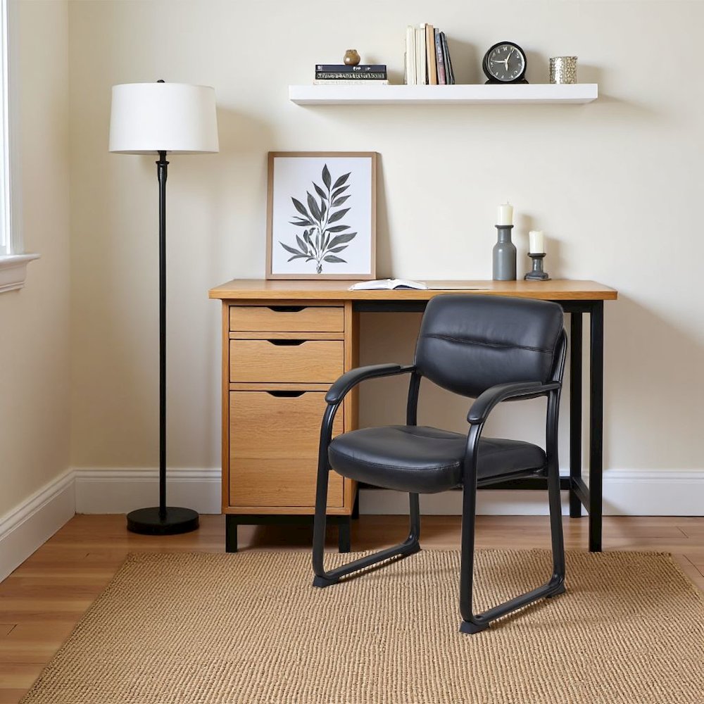 Black Guest Chair With Vinyl Seat, Office Chair No Wheels. Picture 2