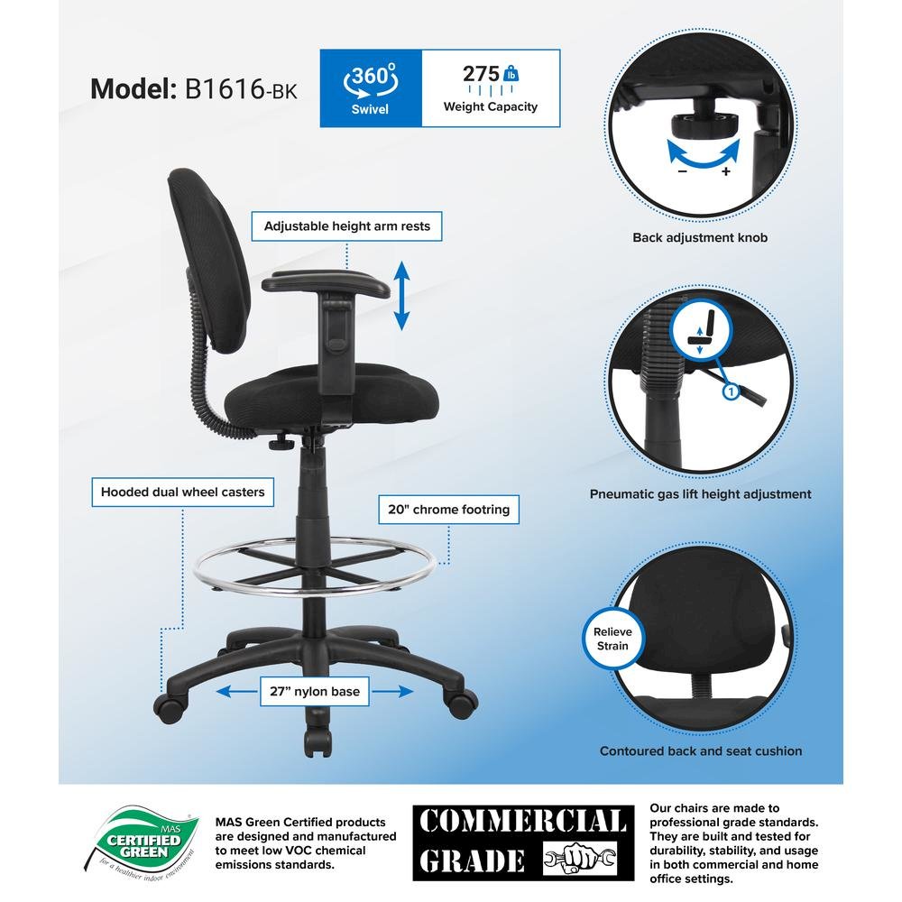 Boss Drafting Stool (B315-Bk) W/Footring And Adjustable Arms. Picture 2