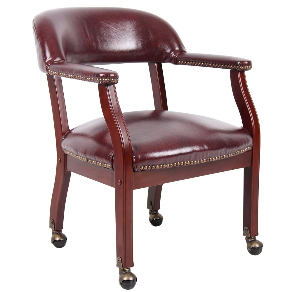 Burgundy Wooden Chair With Arms, Dining or Kitchen Chair With Casters. Picture 1