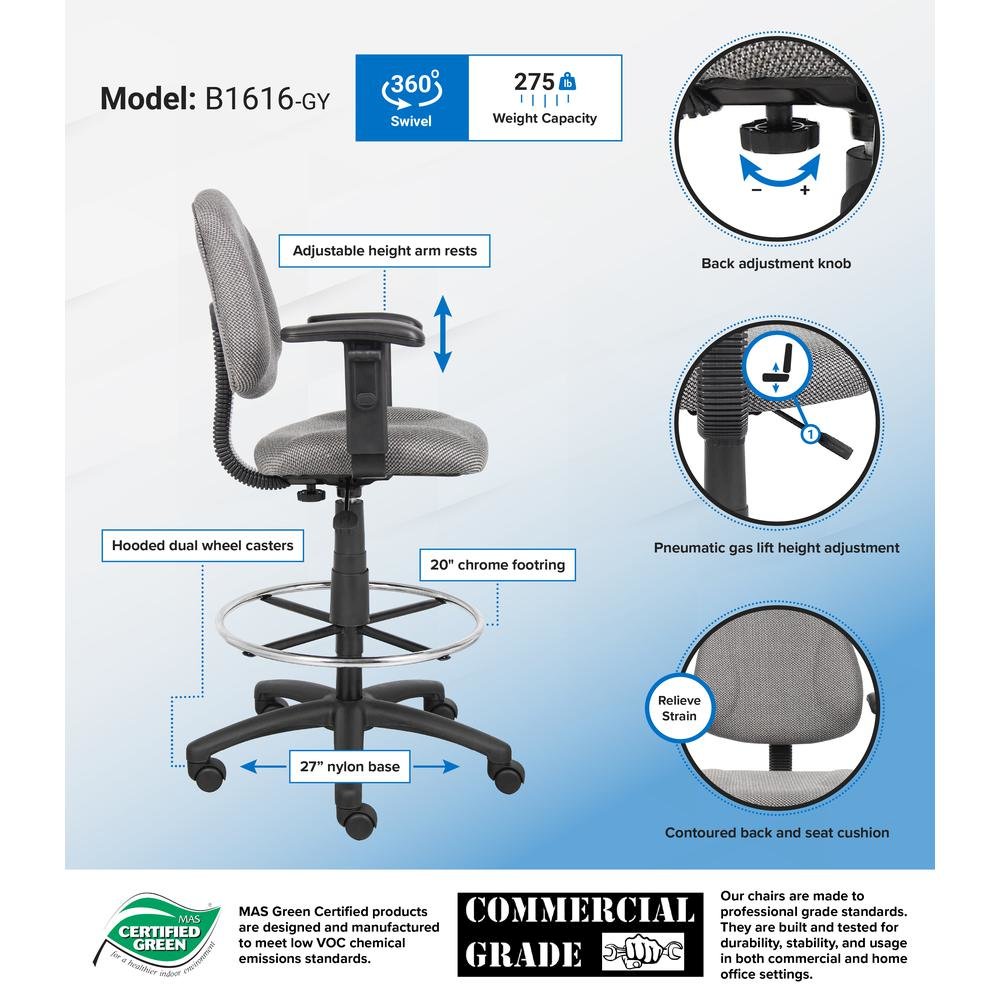 Boss Drafting Stool (B315-Gy) W/Footring And Adjustable Arms. Picture 2